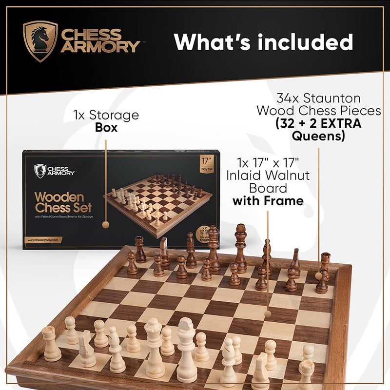 Chess Armory Wooden Chess Set â€“ 17-Inch Large Chess Board with Felted Storage Box, Extra Queens & Handcrafted Staunton Pieces - Image 2